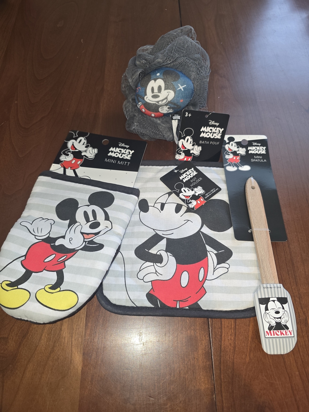 NWT Mickey Mouse Kitchen and Bath Bundle with Bath Pouf, Spatula, & Pot Holders